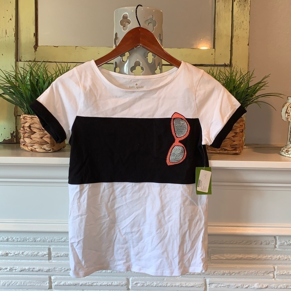 Kate Spade Black White Striped Sunglass Print Novelty Girl’s Tee Size 14 NEW